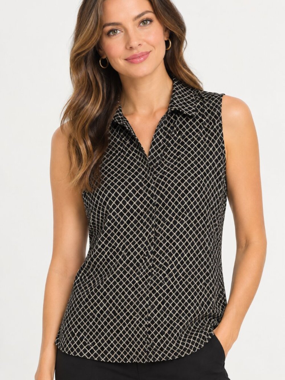Josephine Chaus Black and Cream Sleeveless Lattice Collared Blouse Size 14